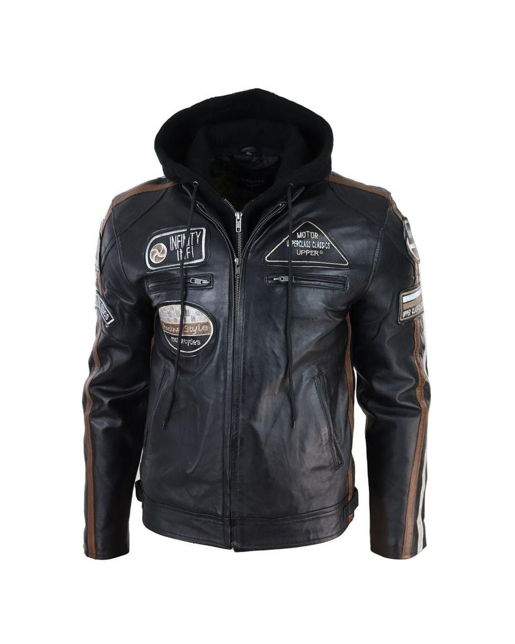 TruClothing Black Hooded Zipped Biker Leather Jacket for men