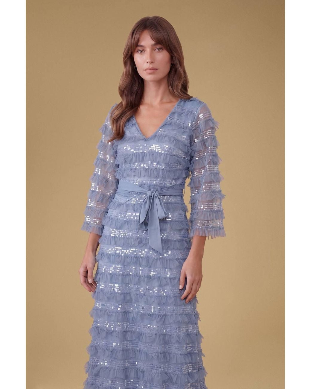 Oasis Blue Flare Sleeve Sequin Mesh Ruffle Bow Back Maxi Dress