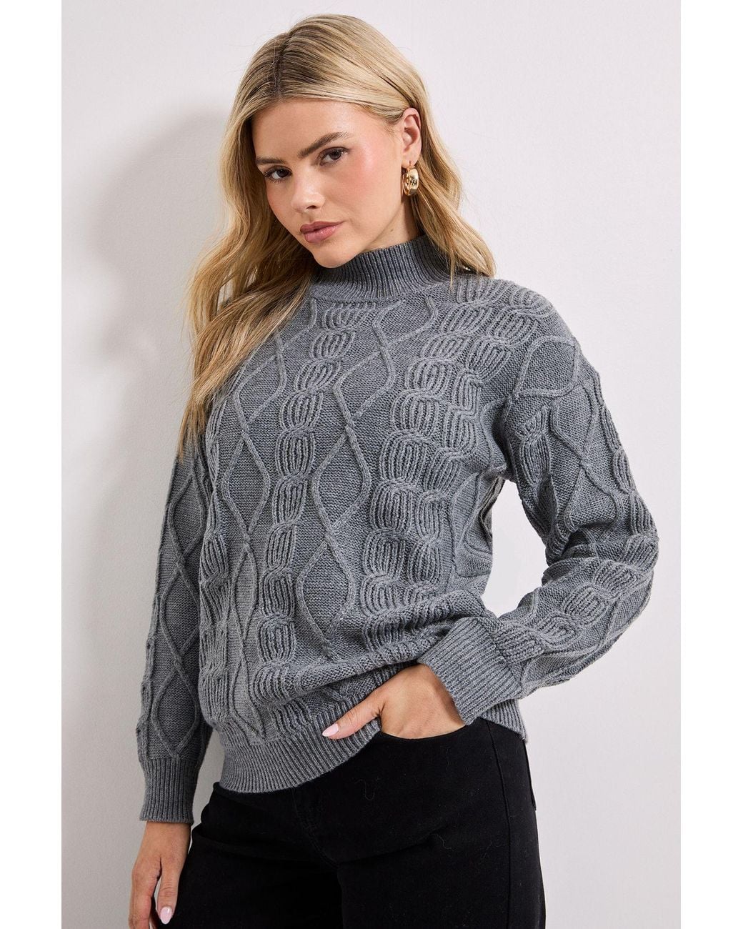 Dorothy Perkins Gray Twisted Cable Funnel Longline Jumper