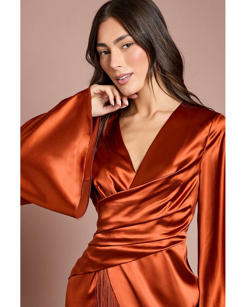Coast Orange Satin Fringe Hem Wrap Waist Midi Dress