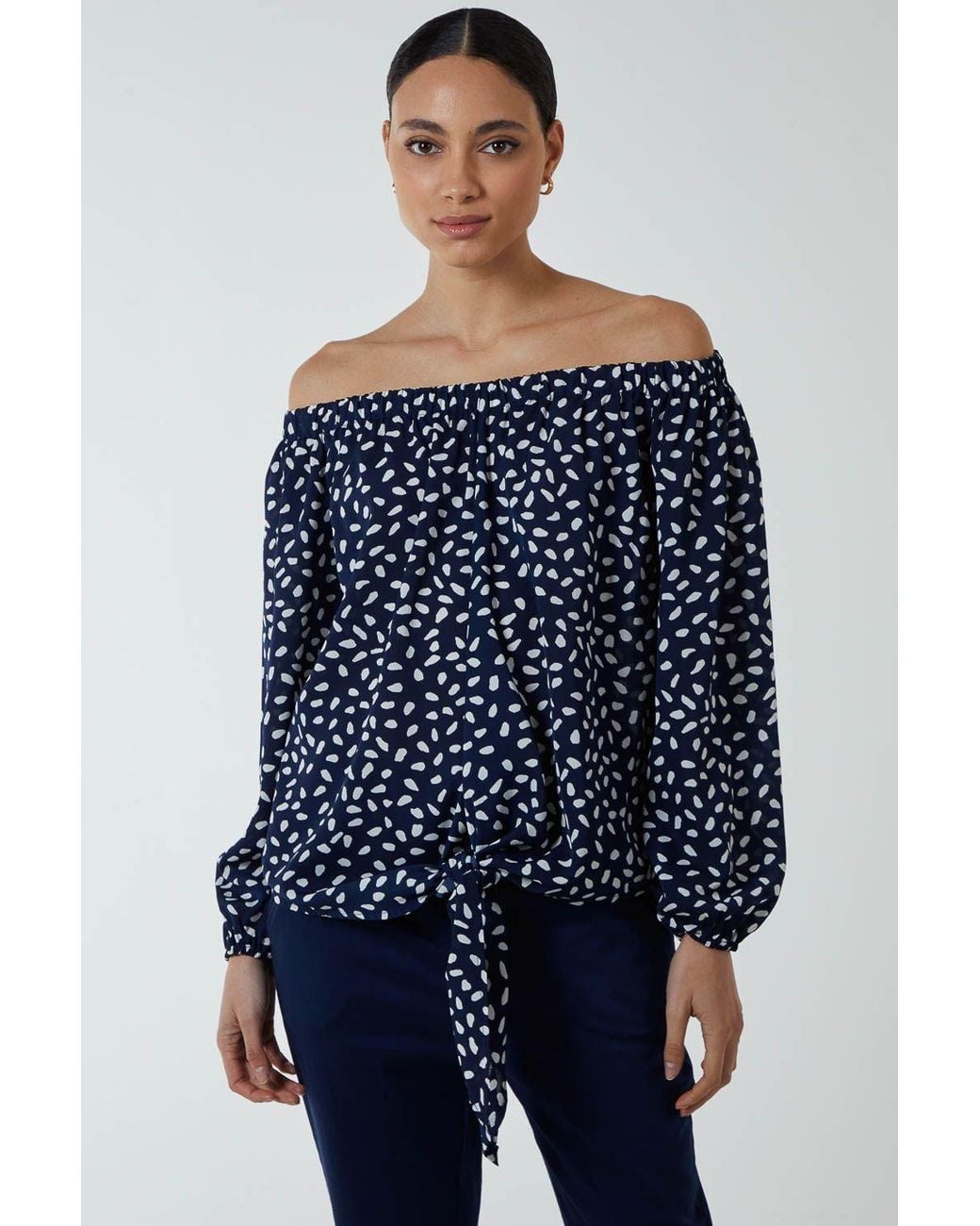 Blue Vanilla Blue Off Shoulder Print Top With Tie