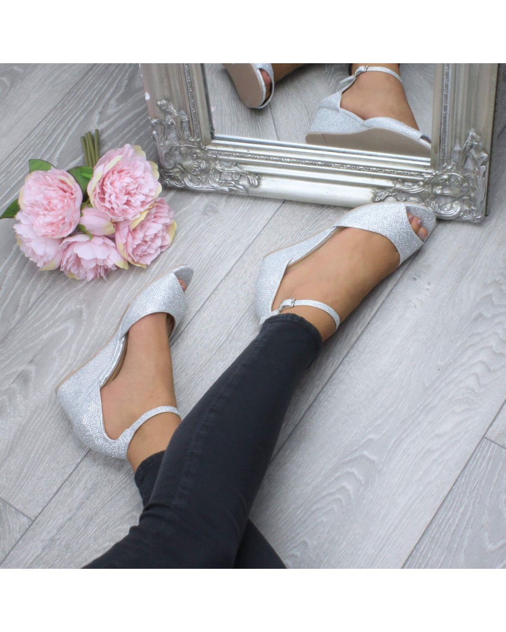 AJVANI White Mid Wedge Heel Ankle Strap Glitter Sandals