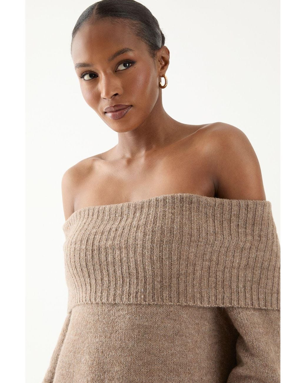 MissPap Natural Premium Knit Bardot Foldover Jumper Dress
