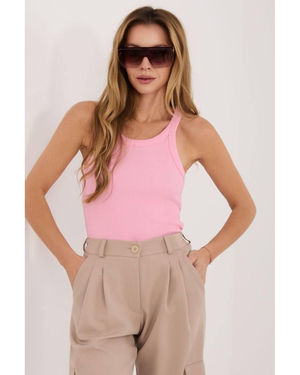 Love Lace Pink Ribbed Cotton Round Neck Strappy Vest