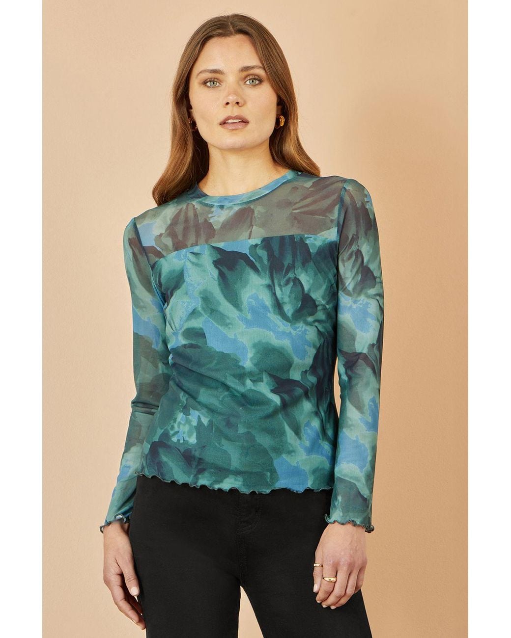 Yumi' Blue Floral Mesh Top