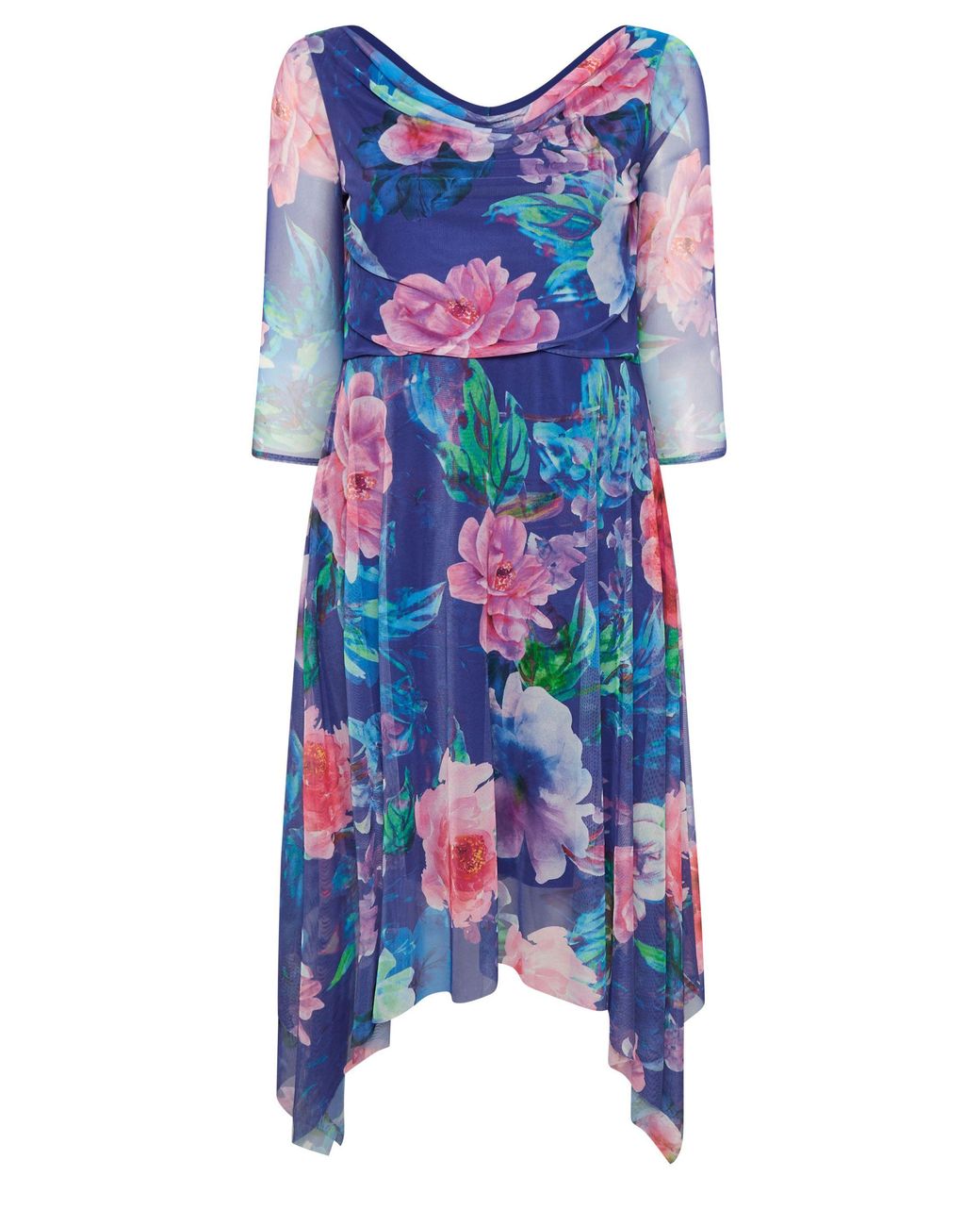 Yours Blue Floral Asymmetric Mesh Dress