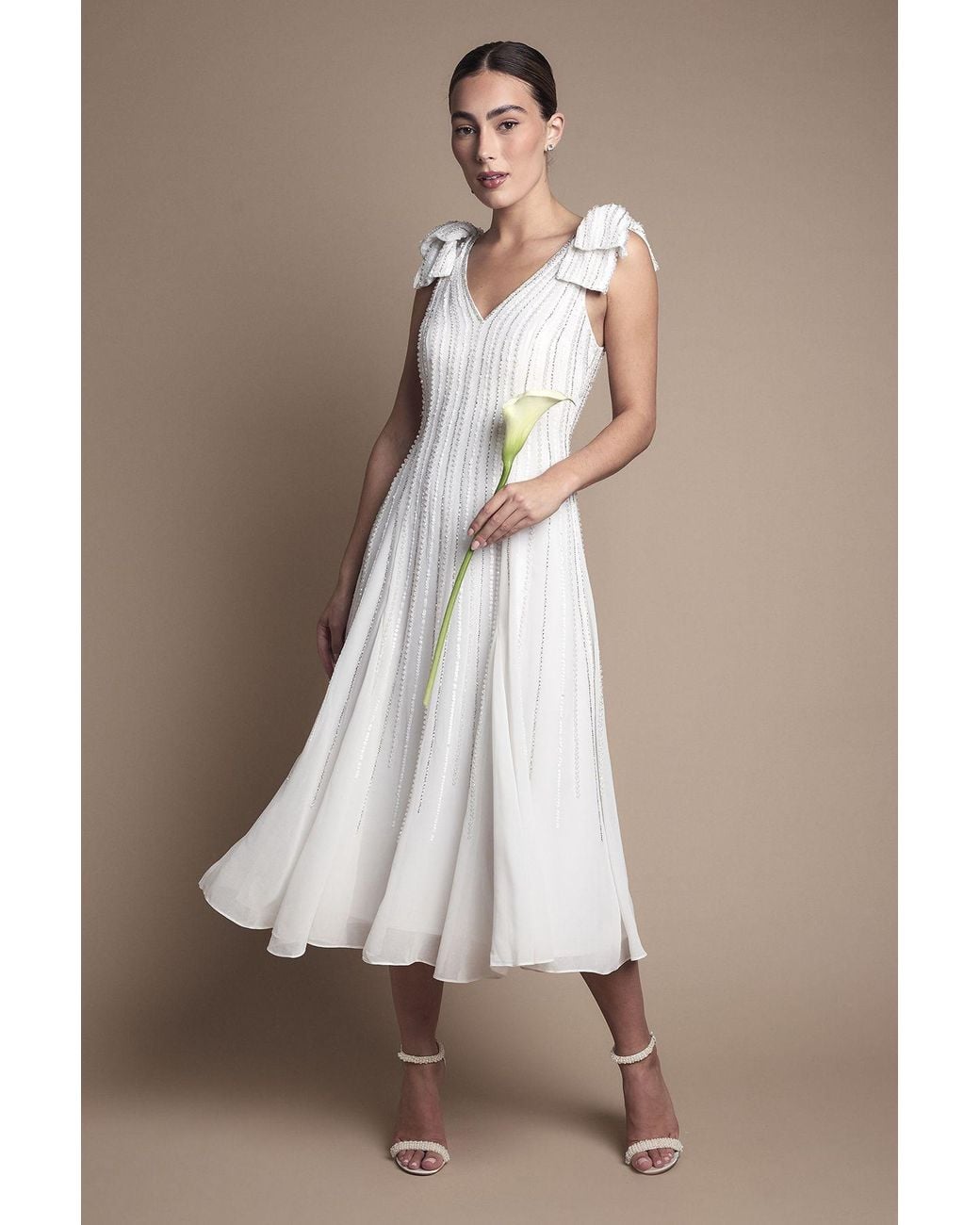 Coast Brown Bow Shoulder Embellished Midi Wedding Dress