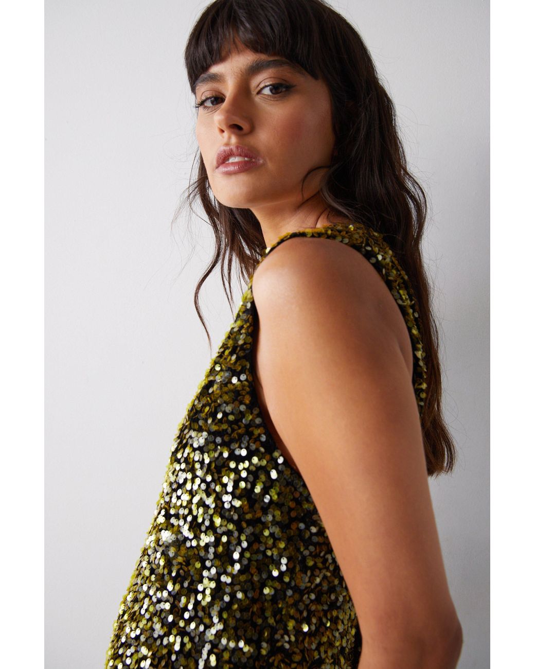 Warehouse Velvet Sequin Plunge V Neck Shift Dress in Green Lyst UK
