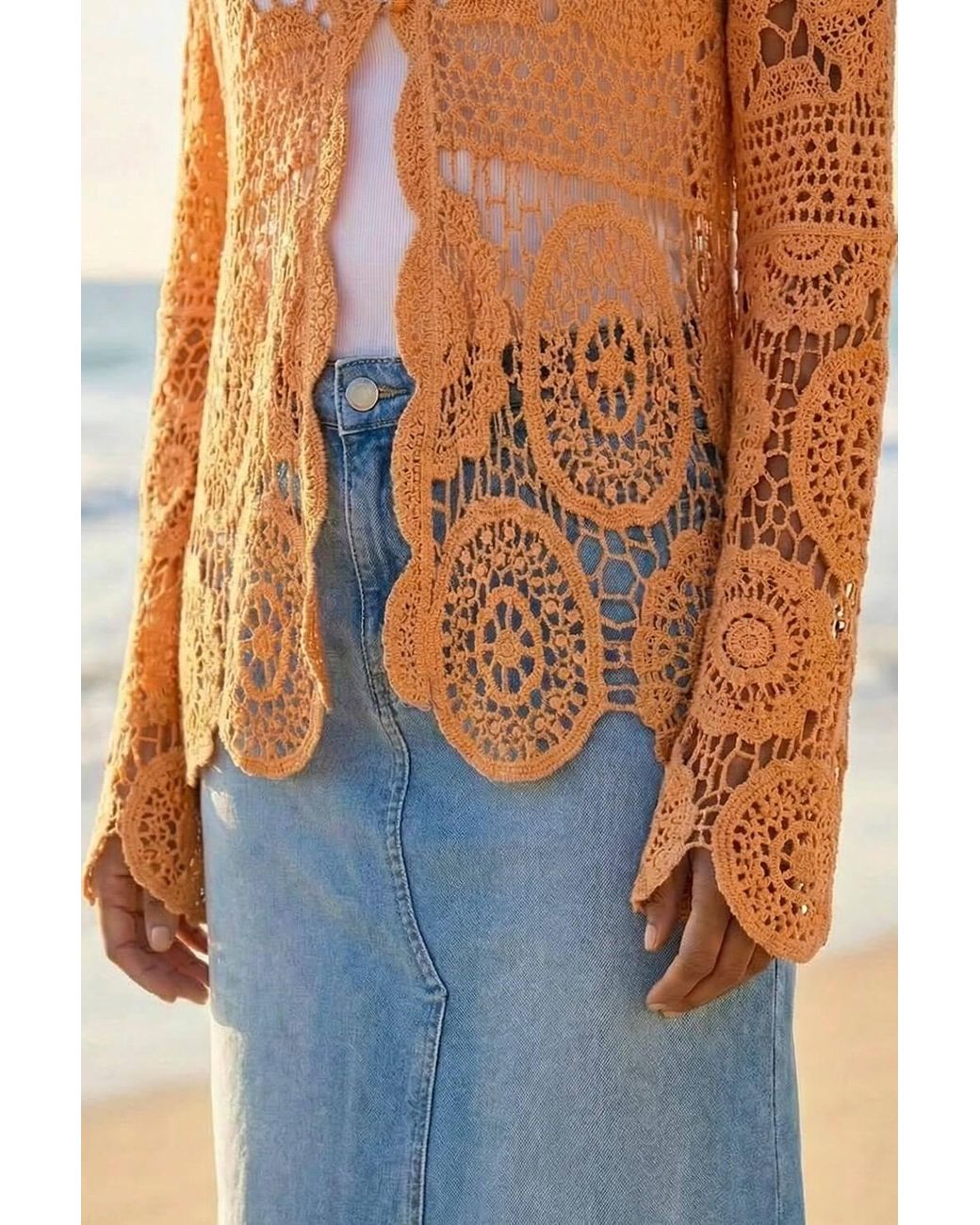 Roman Blue Crochet Tie Front Knit Cardigan