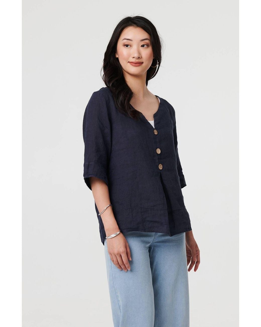 Izabel London Blue Button Detail 3/4 Sleeve Relaxed Blouse