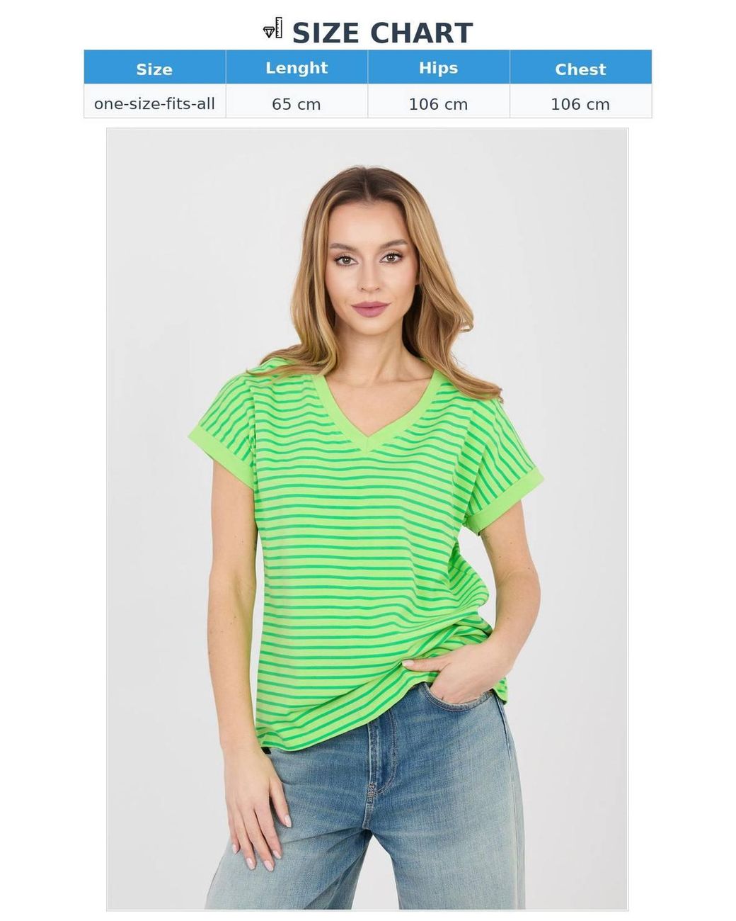 Love Lace Green Striped V Neck Cotton Elastane T-Shirt