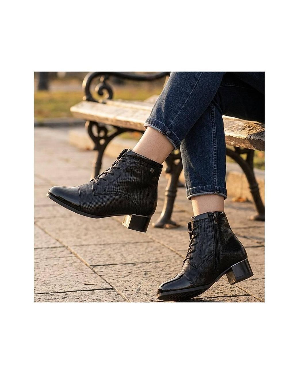 Pavers Black Wide Fit Smart Patent Toe Ankle Boots