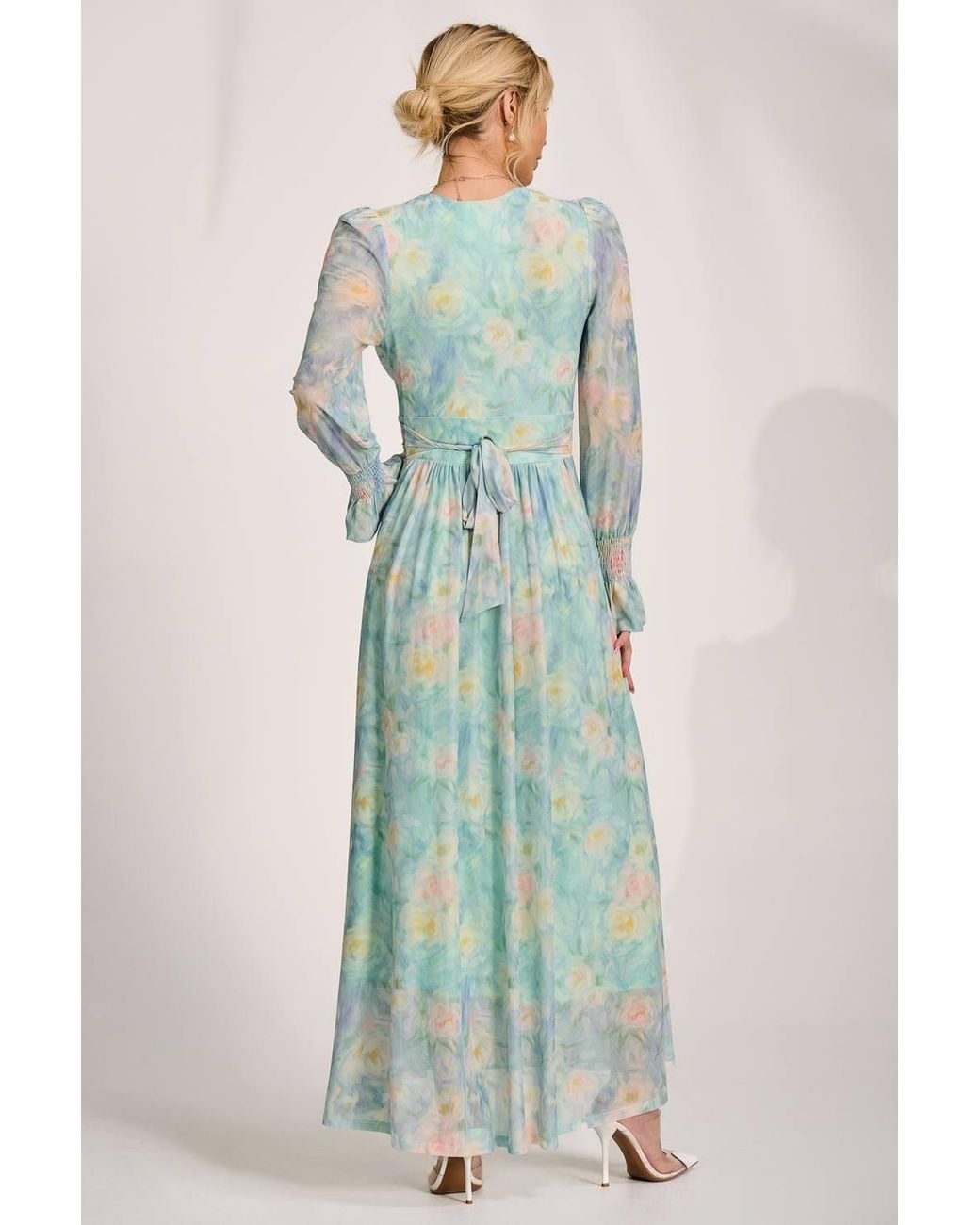 Jolie Moi Blue Long Sleeve V Neck Mesh Maxi Dress