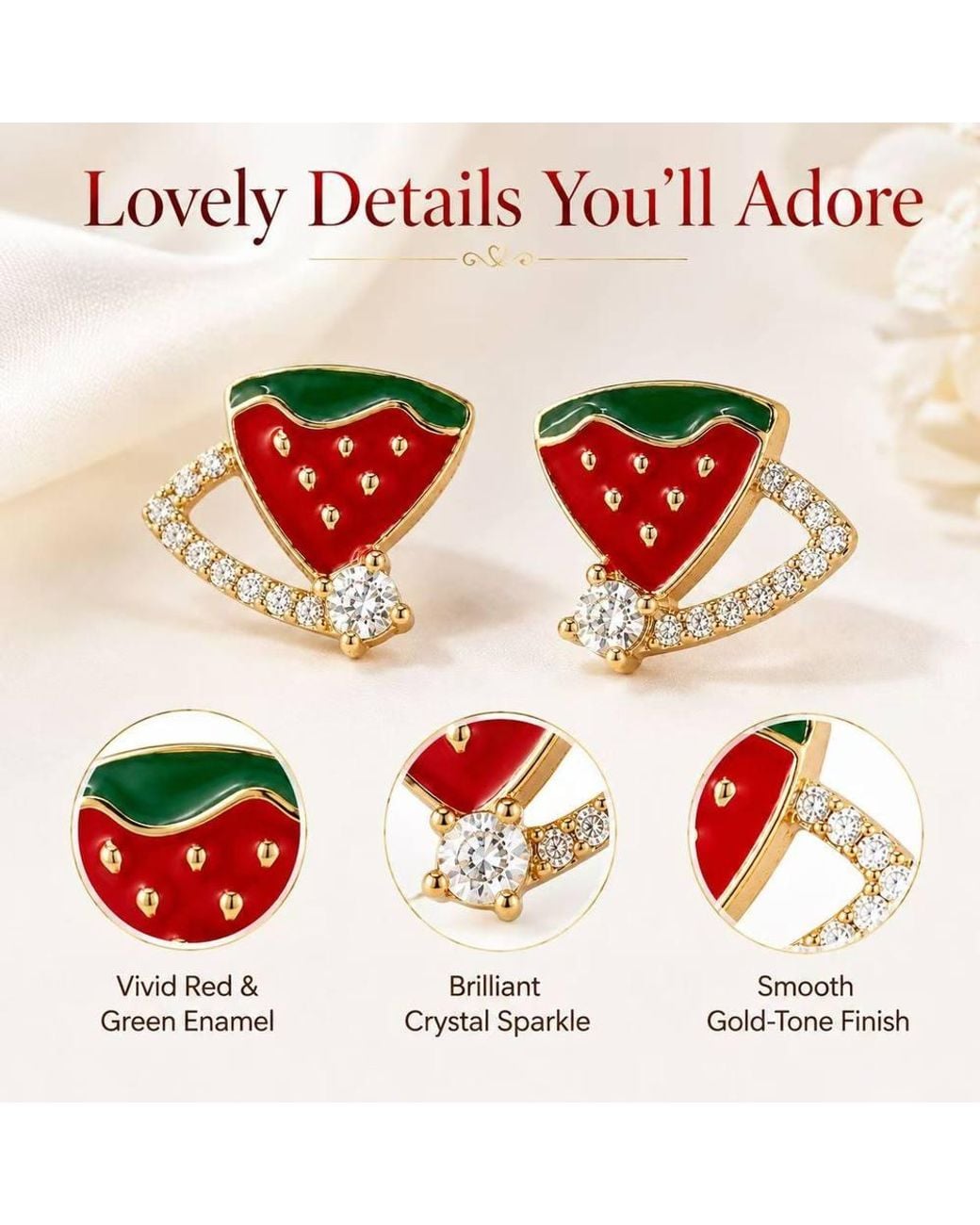 BluCore Red Watermelon‑Shaped Stud Earrings, ‑Tone Crystal Inlaid Fruit