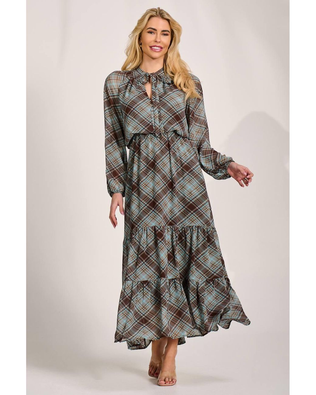 Jolie Moi Brown Chiffon Long Sleeve Tiered Maxi Dress