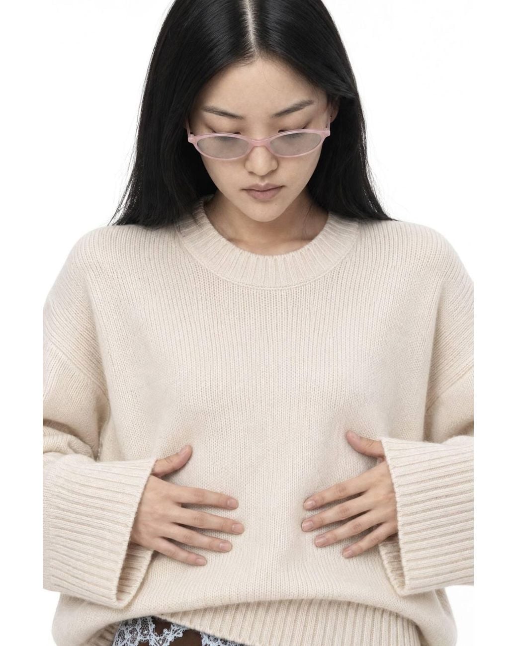 MixRay Natural Oversized Ribbed Knit Sweater With Crew Neck