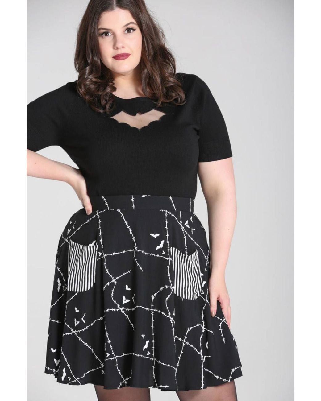 Hell Bunny Black Stitches Bat Print Mini Skirt With Contrast Pocket Details