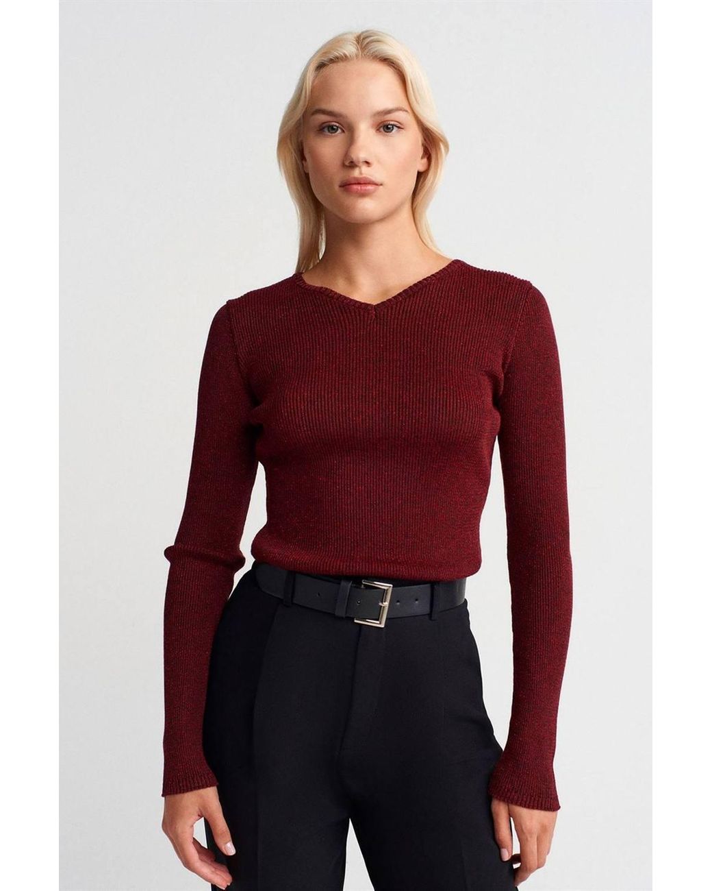 Dilvin Red Slim Fit V-Neck Ribbed Sweater