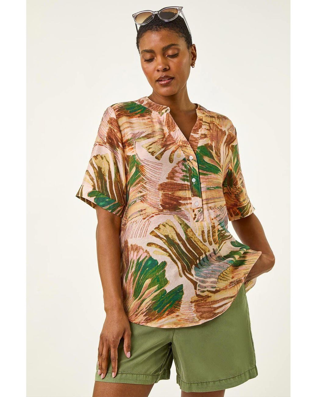 Roman Brown Abstract Print V-Neck Button Top