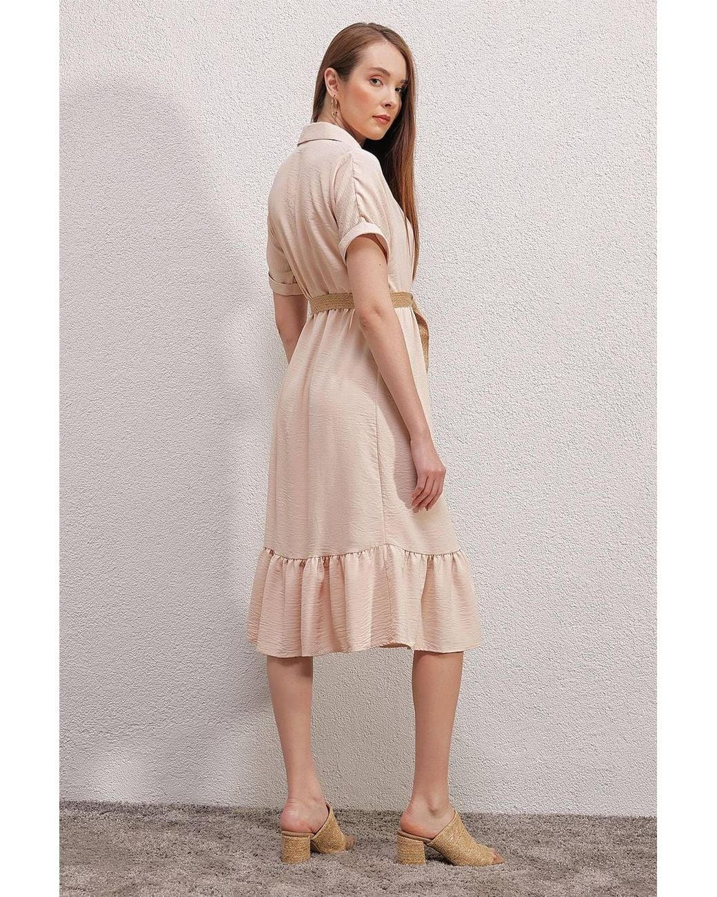 Bigdart Natural Textured Belted Midi Dress With Shirt Collar