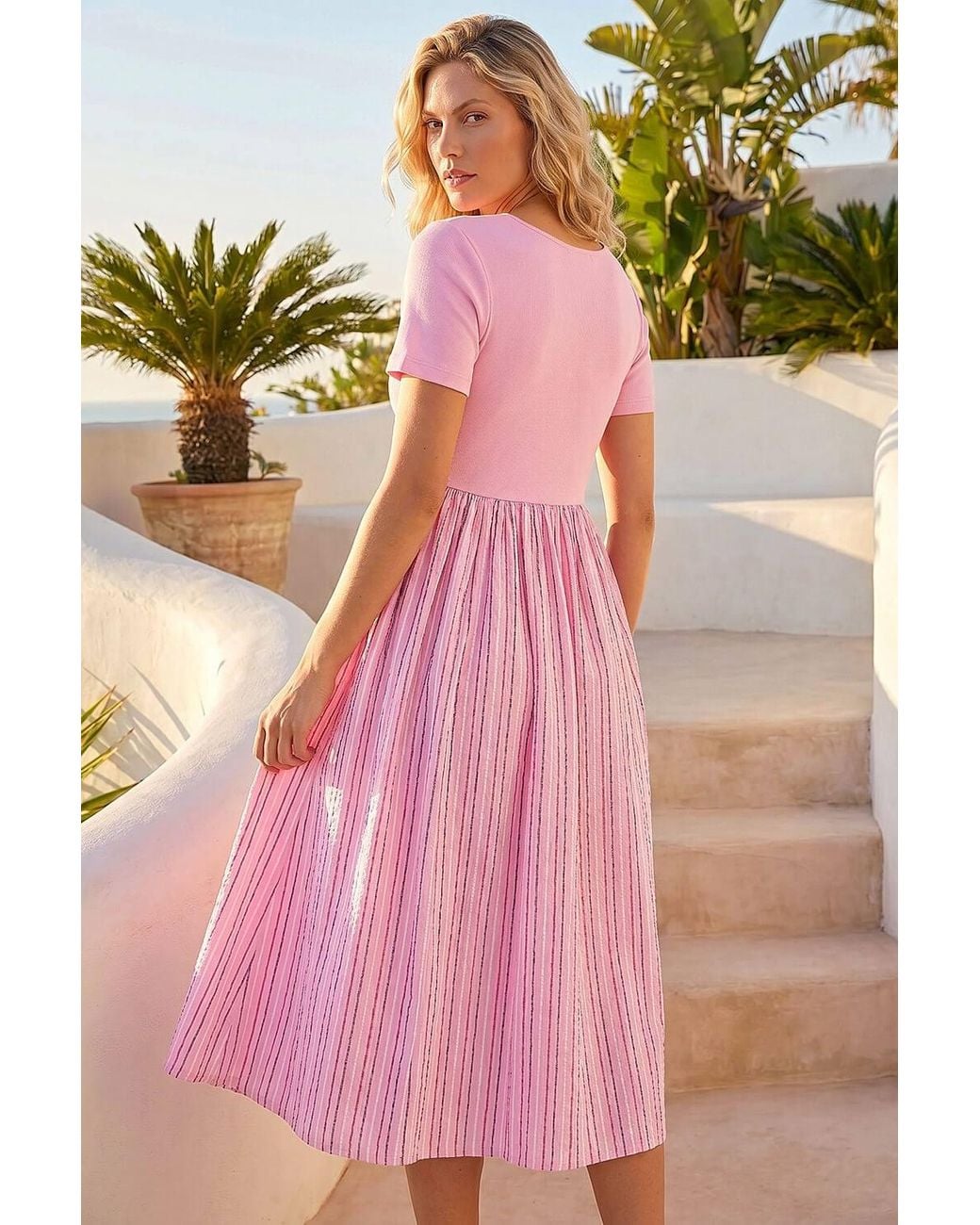 Roman Pink Textured Stripe Midi Dress