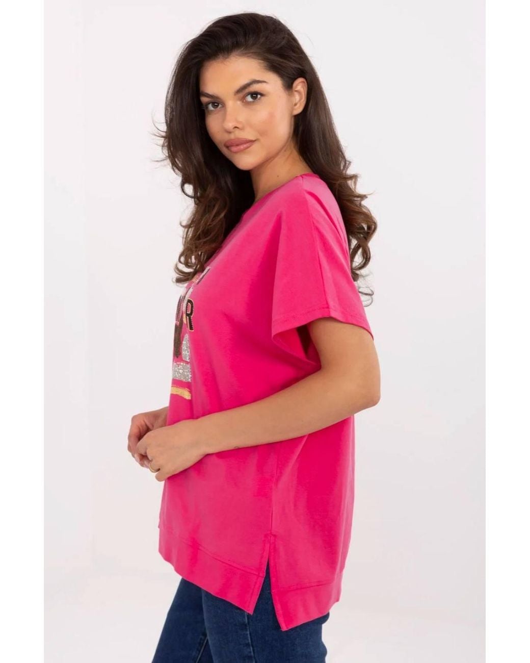 Love Lace Pink Casual Cotton Elastane Blouse With Jet Stones