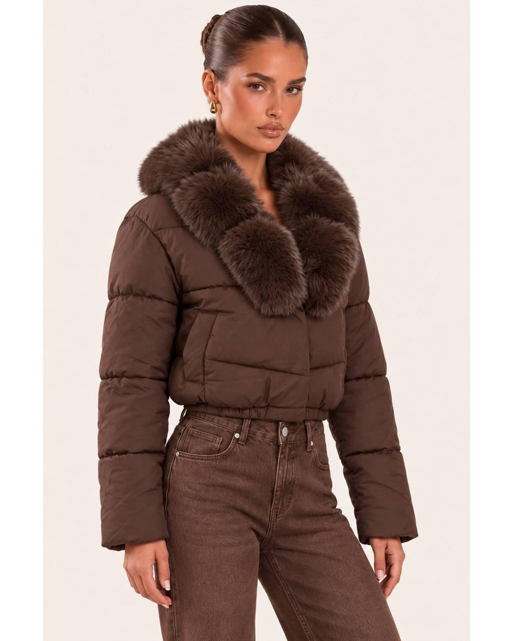 Rebellious Fashion Brown Deliah Faux Fur Collar Puffer Cropped Jacket
