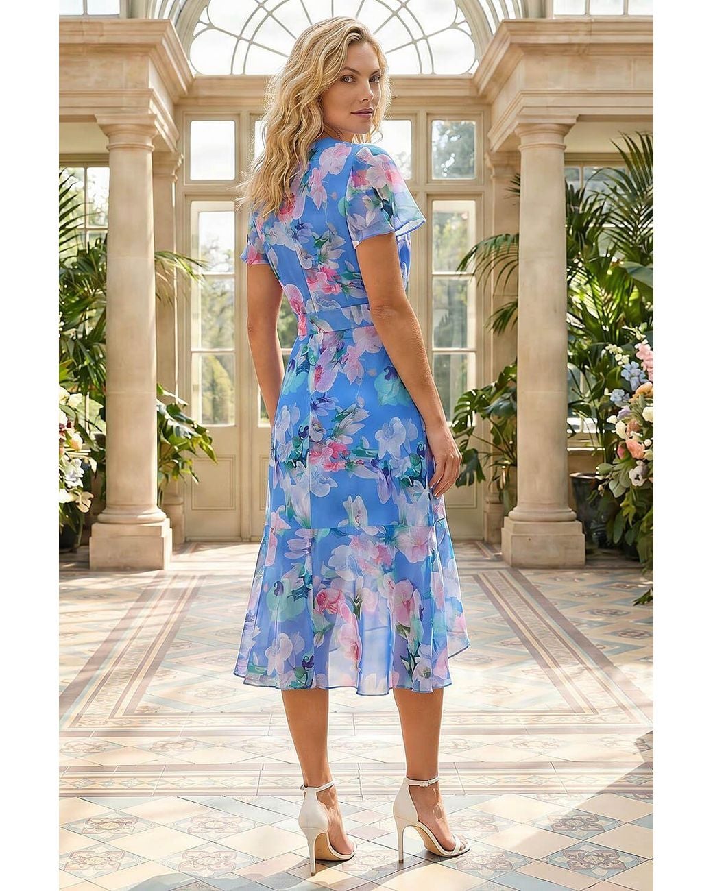 Roman Blue Floral Frill Detail Wrap Dress