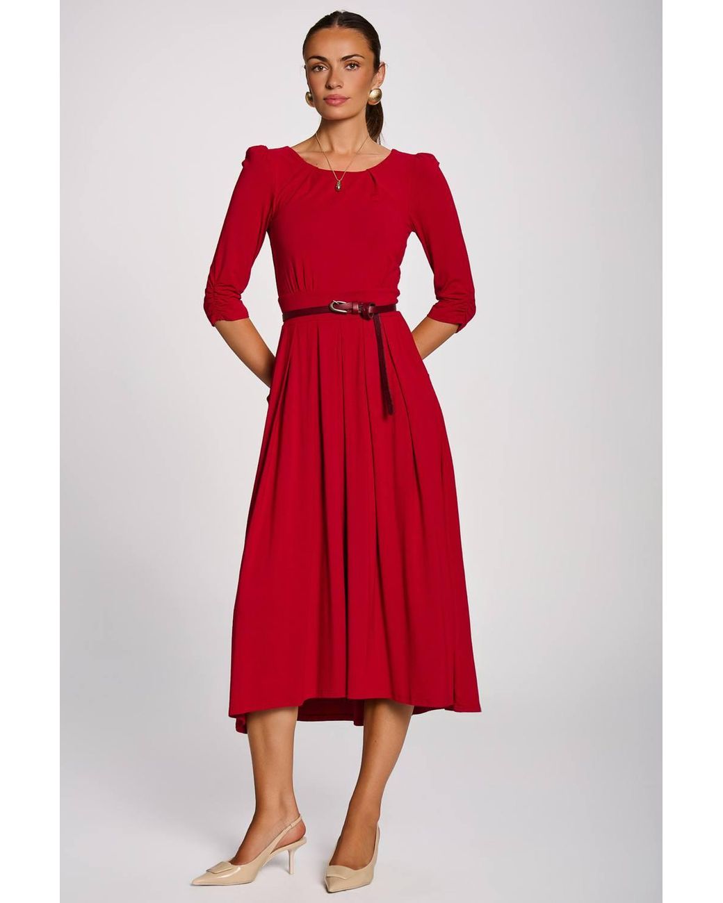 Jolie Moi Red 3/4 Sleeve Modal Viscose Midi Dress
