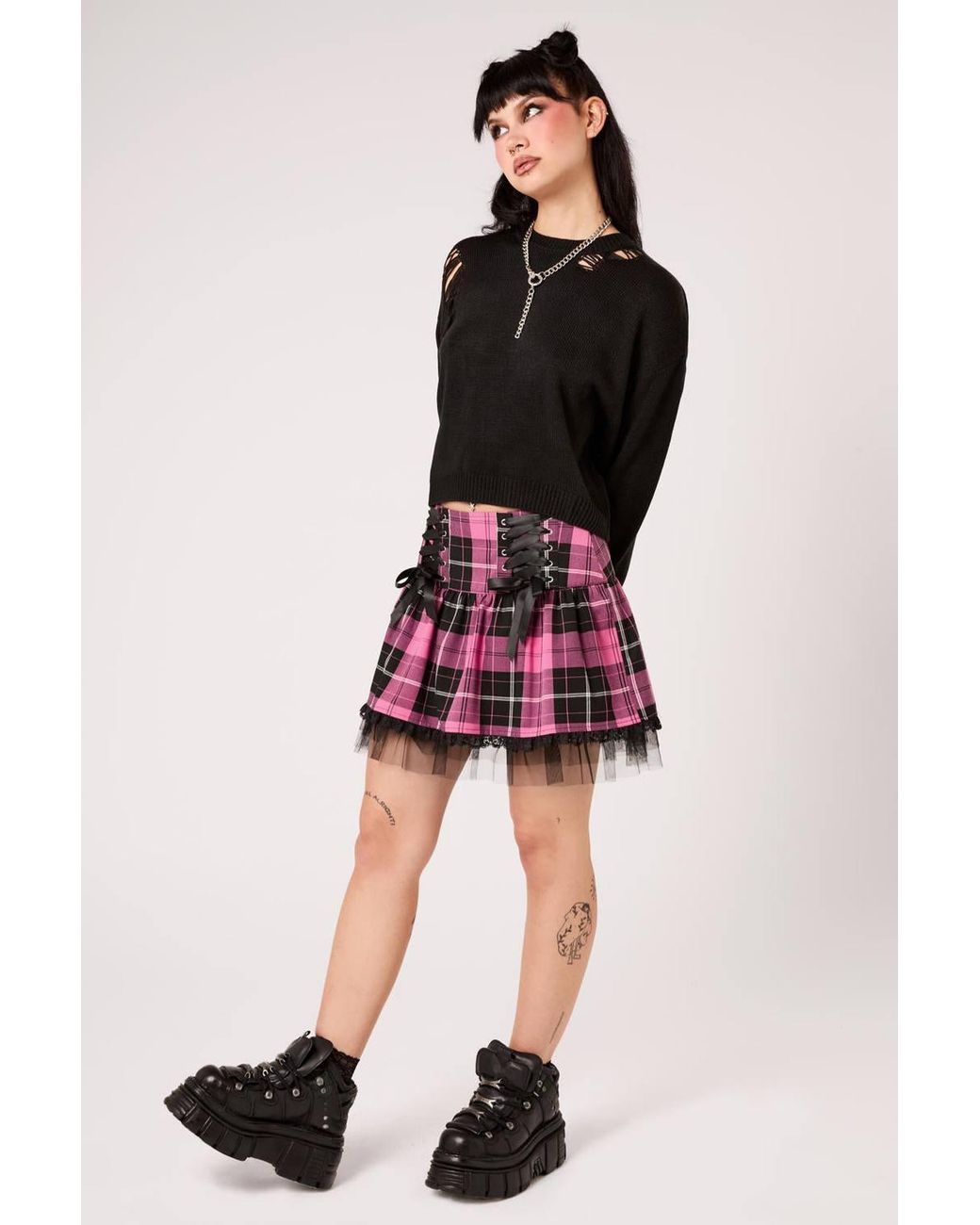 Hell Bunny Black Quinzel Tartan Lace Up Eyelet Ribbon Tulle Trim Mini Skirt