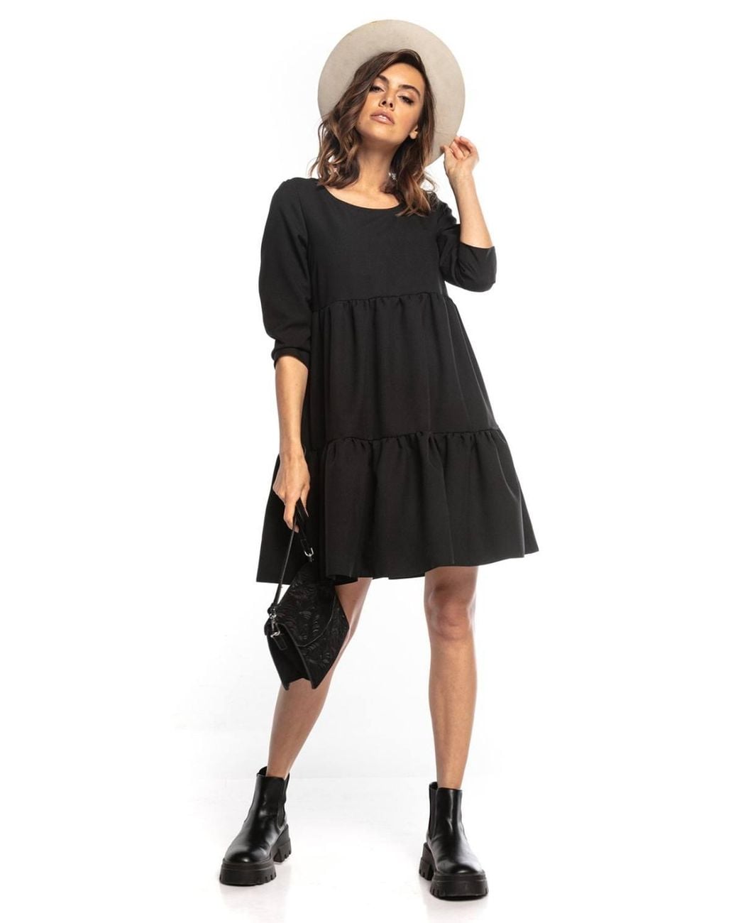 Love Lace Black Ruffle Flared Mini Daydress With Boat Neck