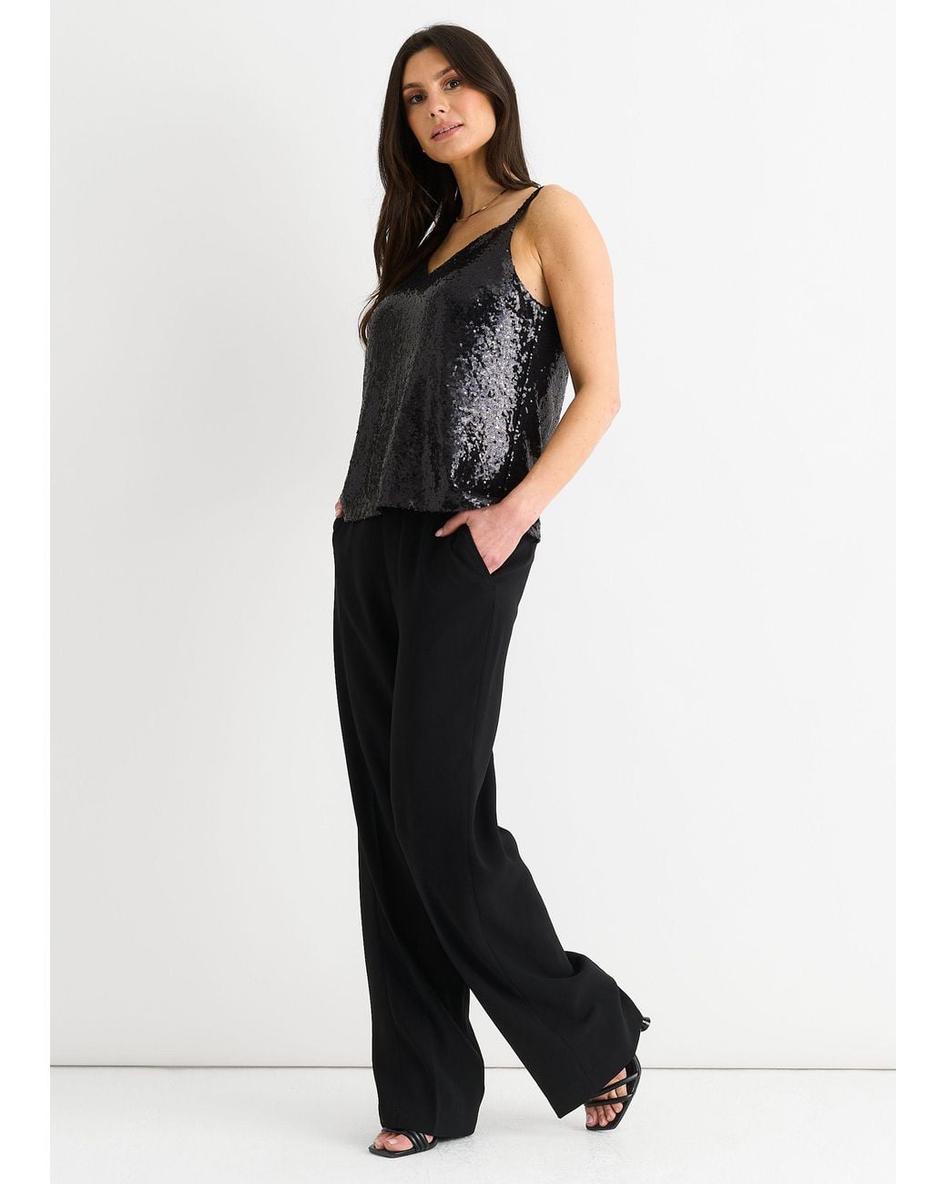 Gini London Black Sequin V Neck Cami Top