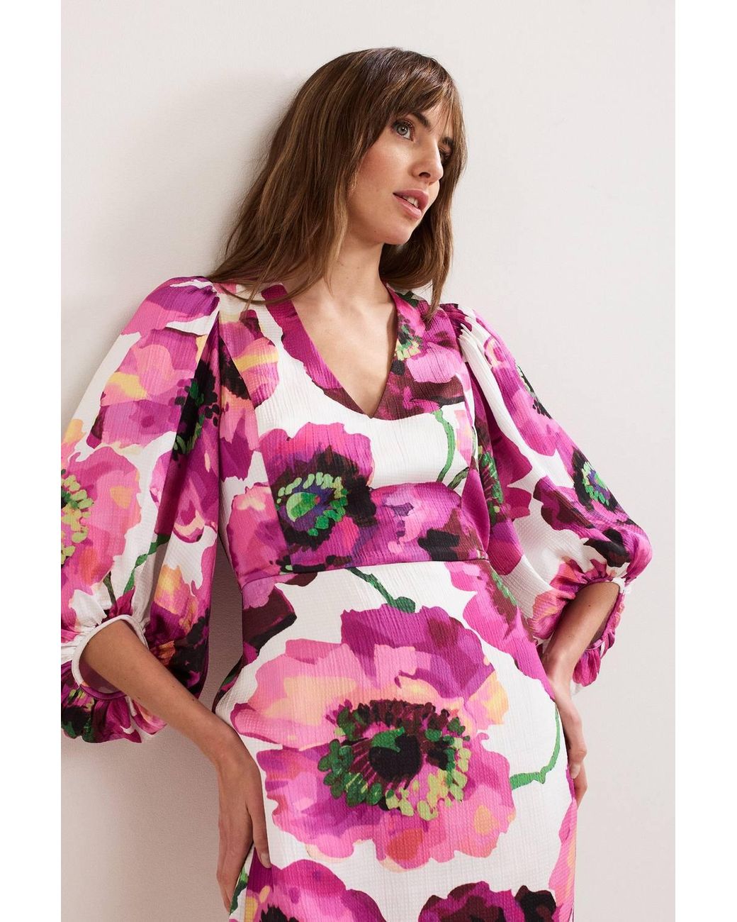 Phase Eight Pink Fiona Puff Sleeve V-Neck Dress