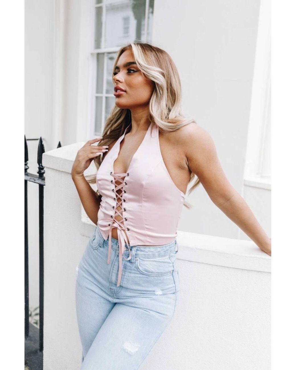 Femme Luxe Multicolor Halterneck Lace Up Crop Top