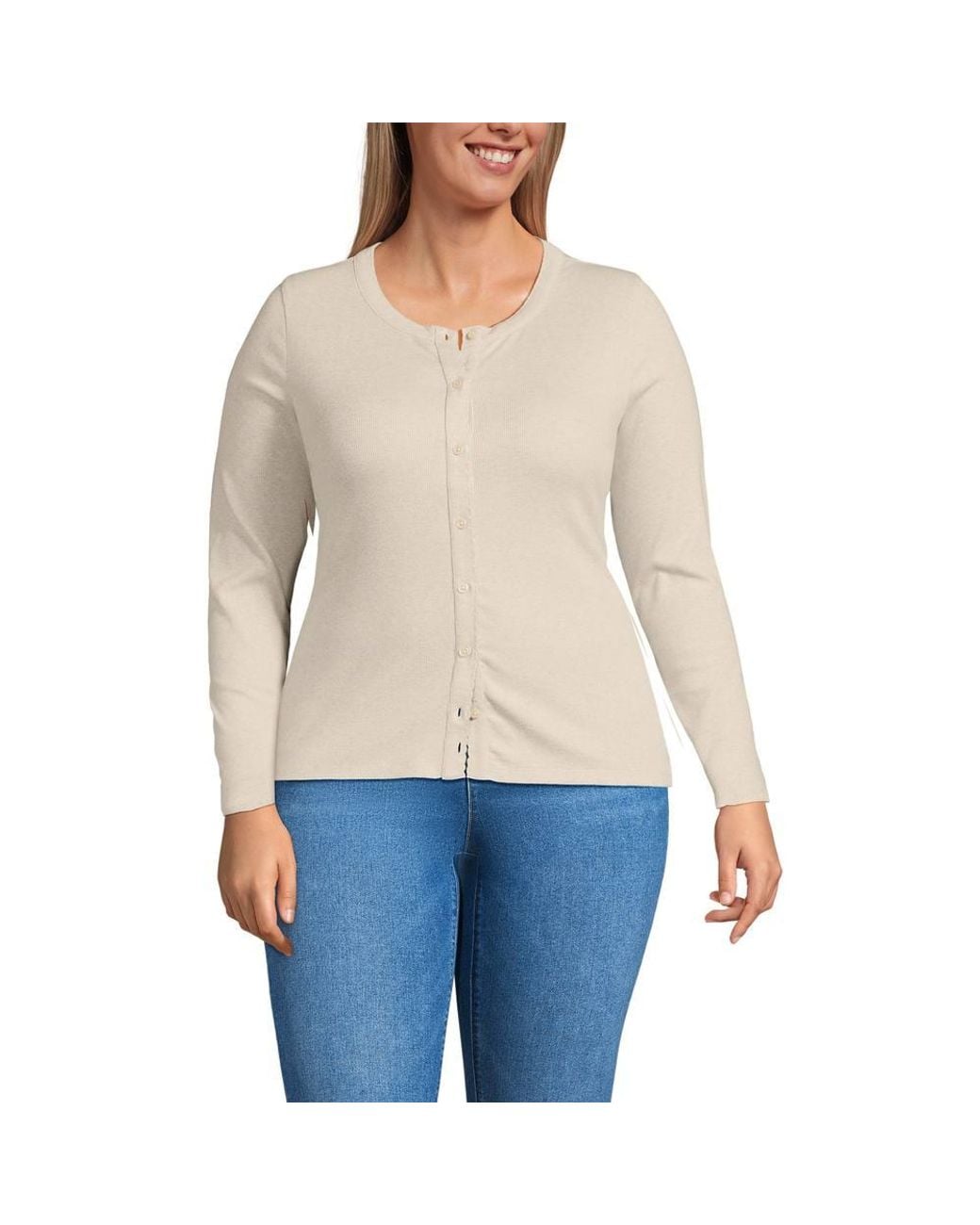 Lands' End Natural Plus Long Sleeve Micro Rib Buttonfront Top