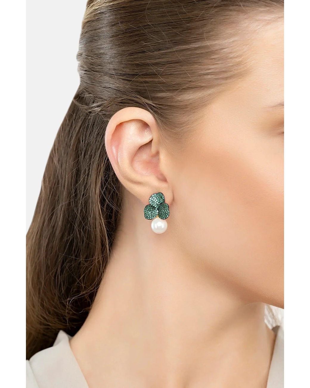 Latelita London Green Iris Flower & Pearl Dangle Earrings Emerald