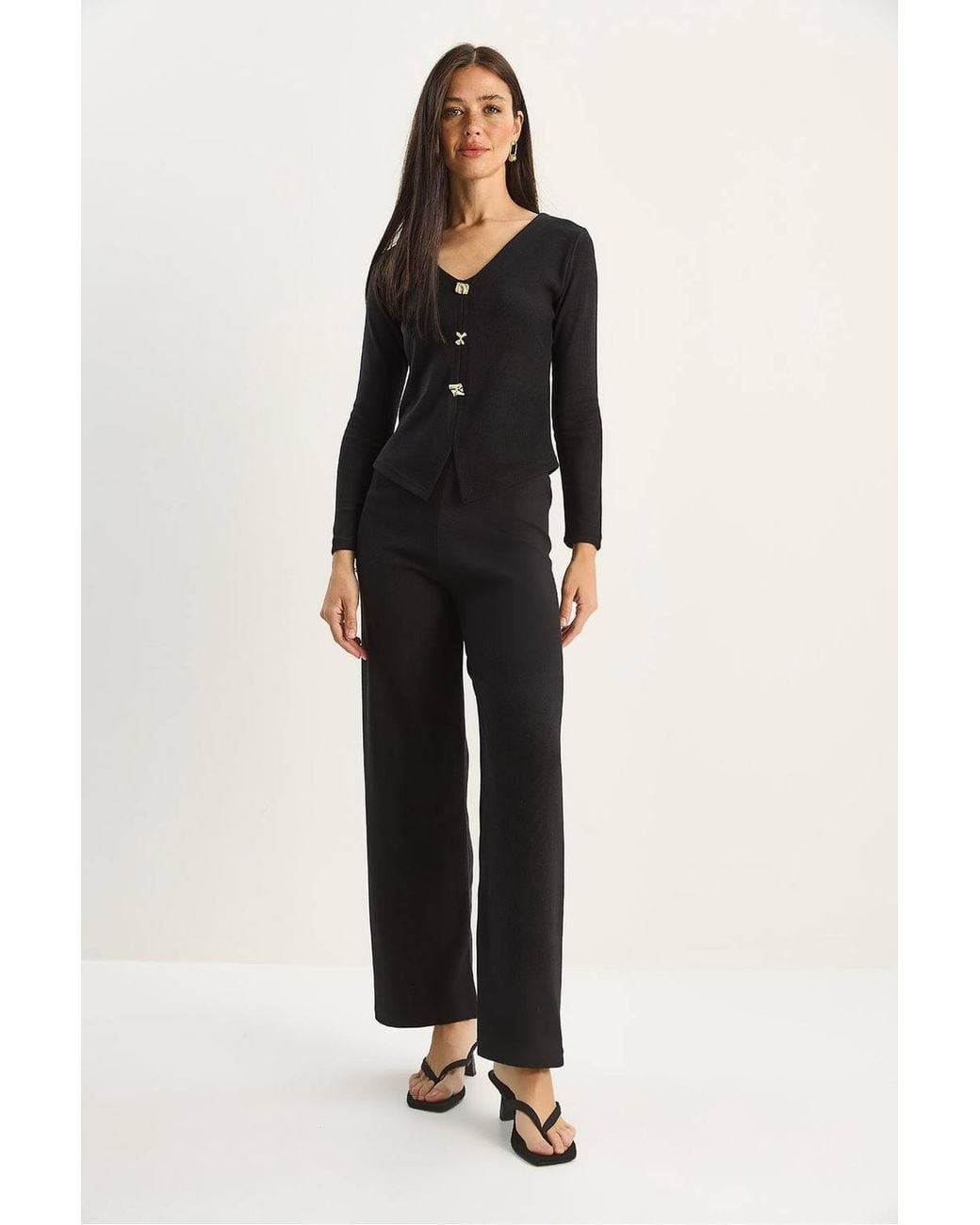 Bianco Lucci Black V-Neck Knitted Wide Leg Two-Piece Set