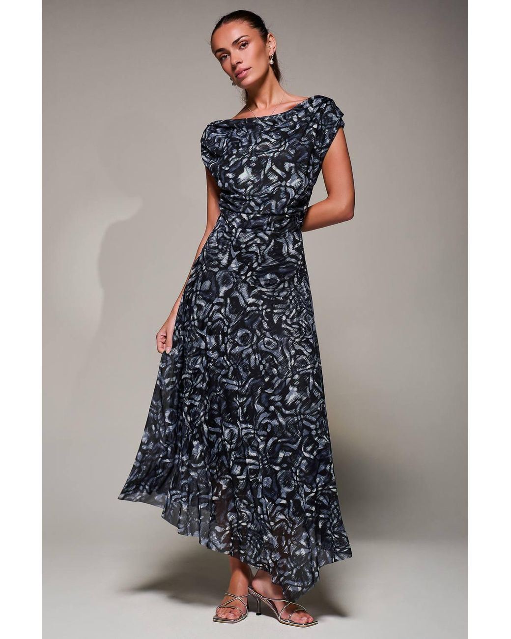 Jolie Moi Blue Mesh Asymmetrical Draped Maxi Dress