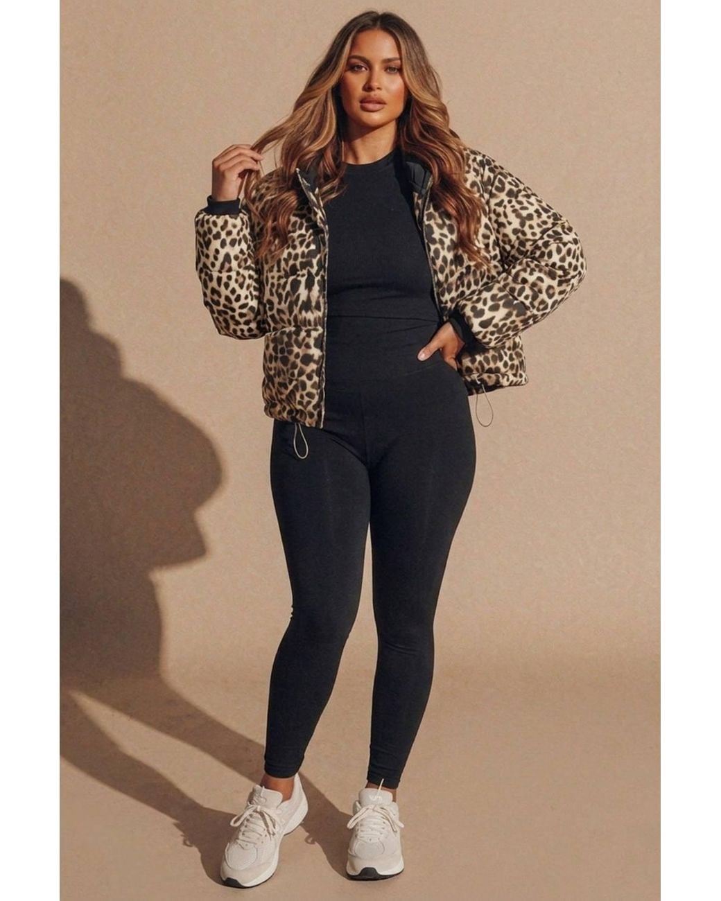 Femme Luxe Natural Leopard Hooded Drawstring Cropped Puffer Jacket