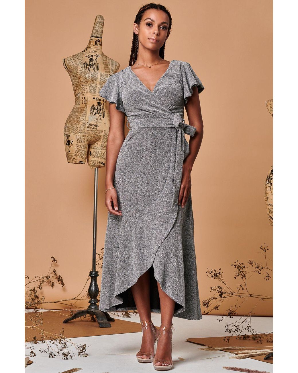 Jolie Moi Brown Metallic Effect Ruffle Hem Maxi Dress