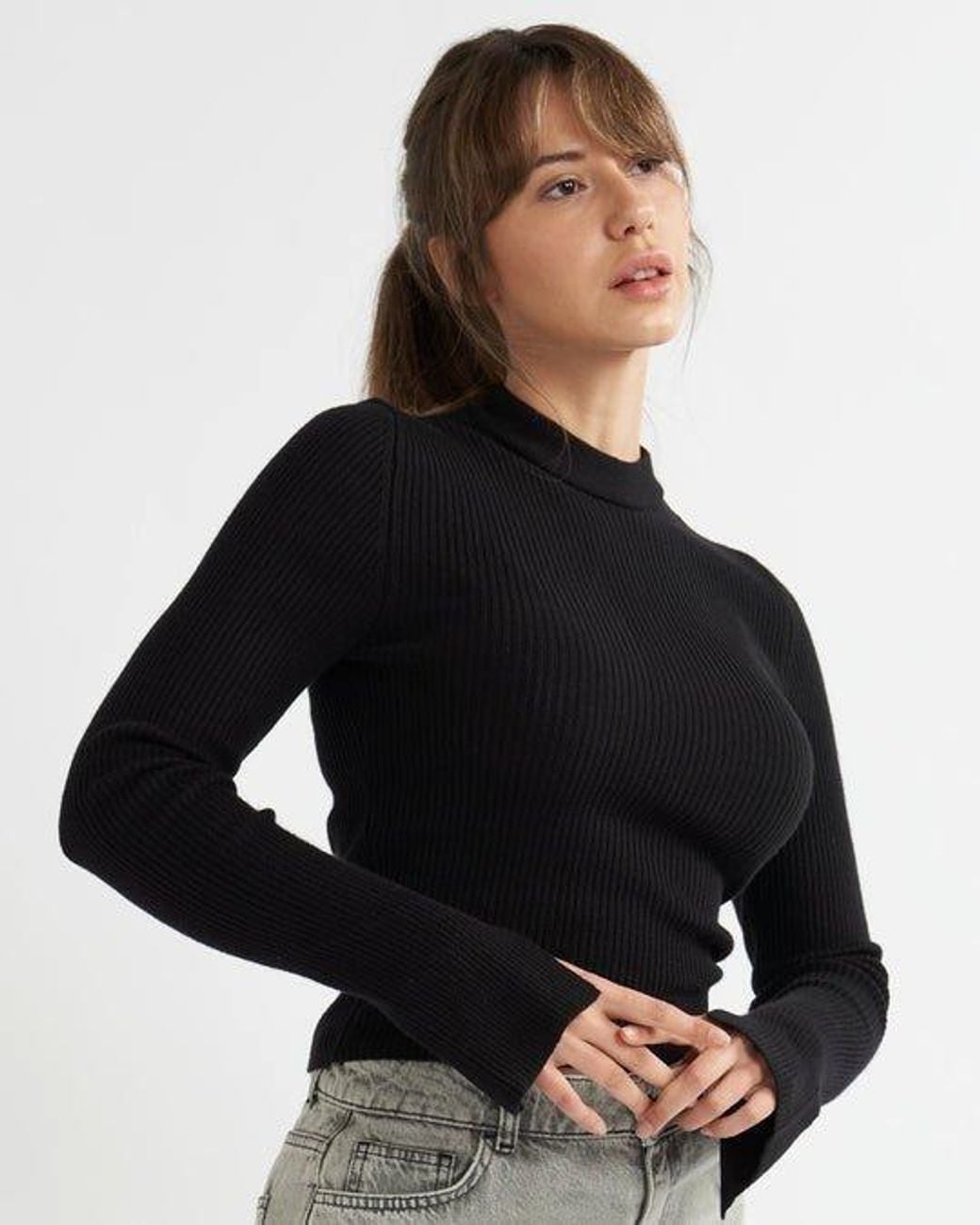 Alse Studio Black Fitted Super Soft Crew Neck Ribbed Jumper