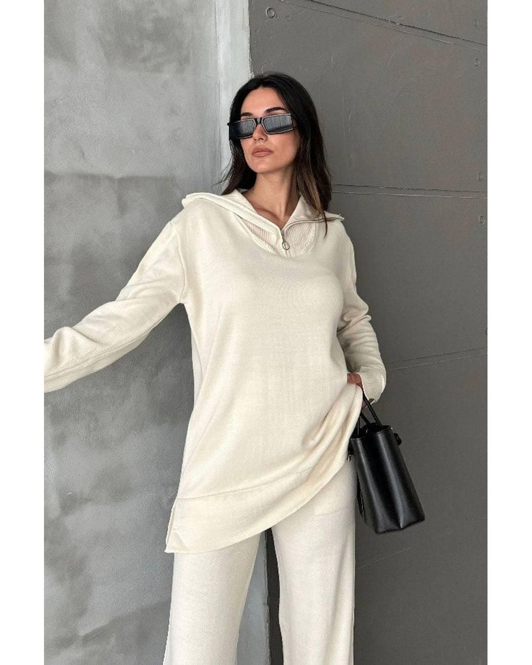 Hiccup Green Knitted Sweater With Zippered Neck & Mid Rise Wide Leg Trousers