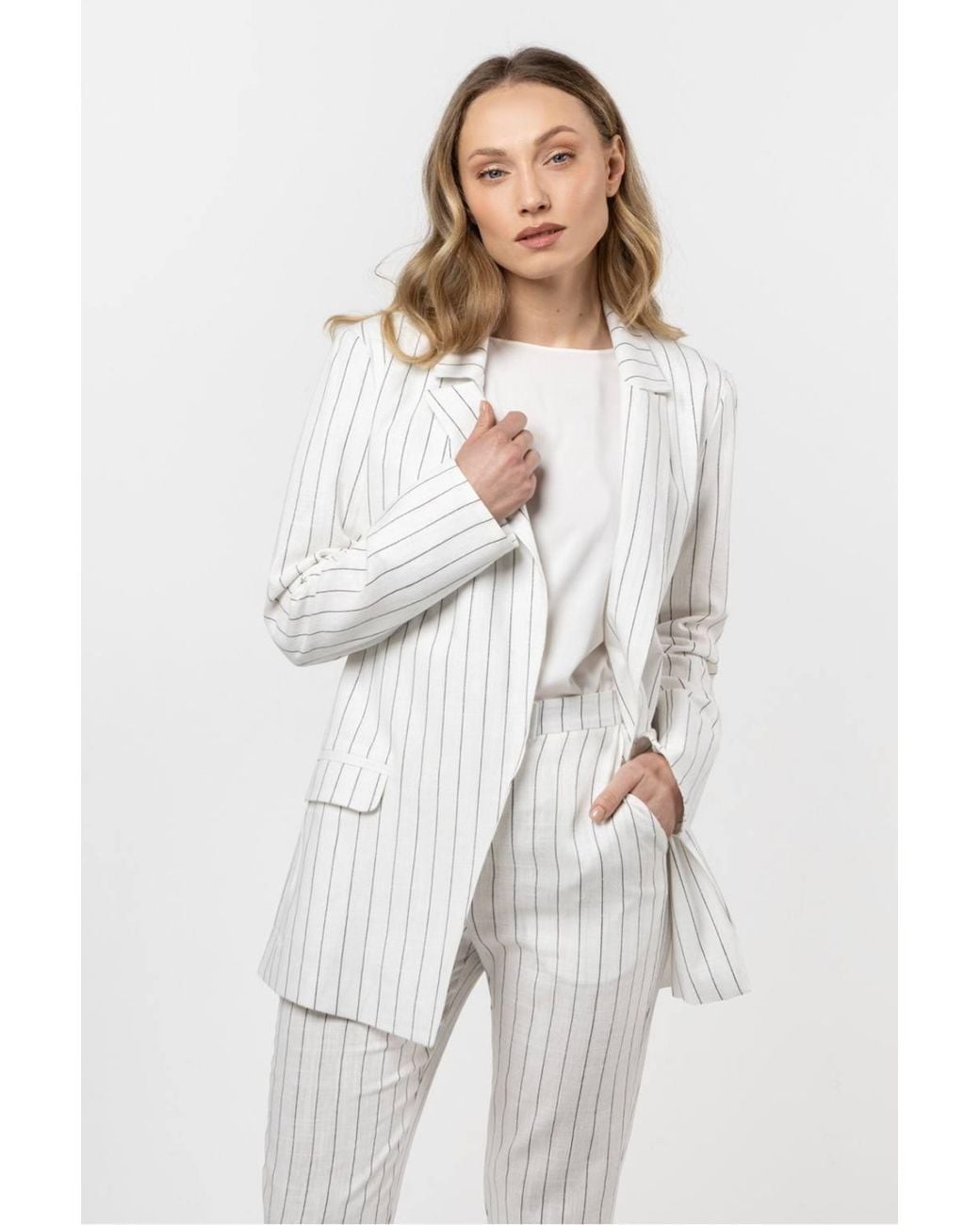 Love Lace White Cotton Striped Relaxed Collared Blazer