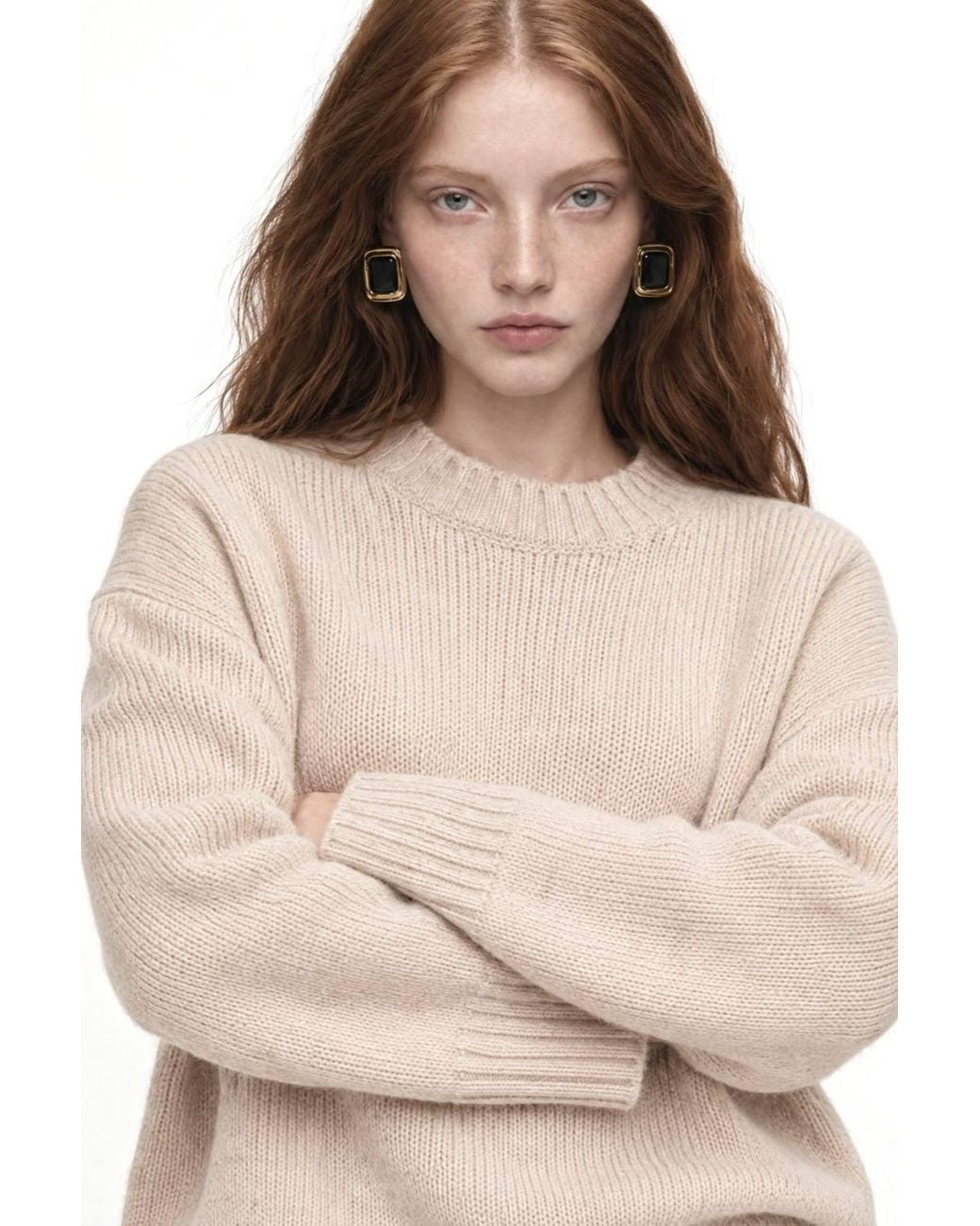 MixRay Natural Oversized Ribbed Knit Sweater With Crew Neck