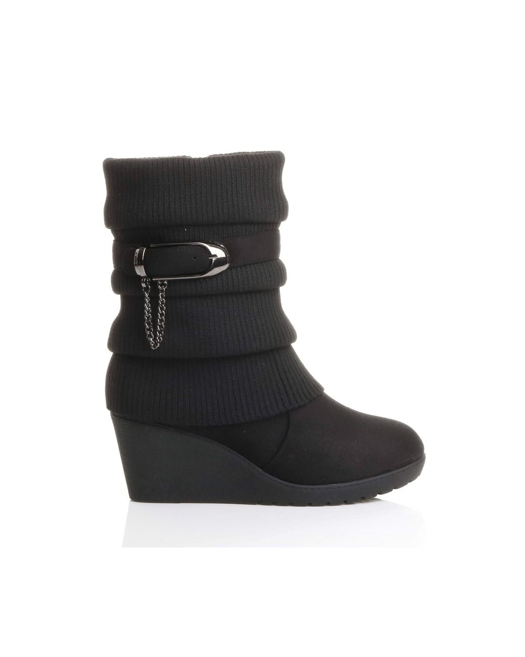AJVANI Black Mid Wedge Heel Slouch Ankle Boots
