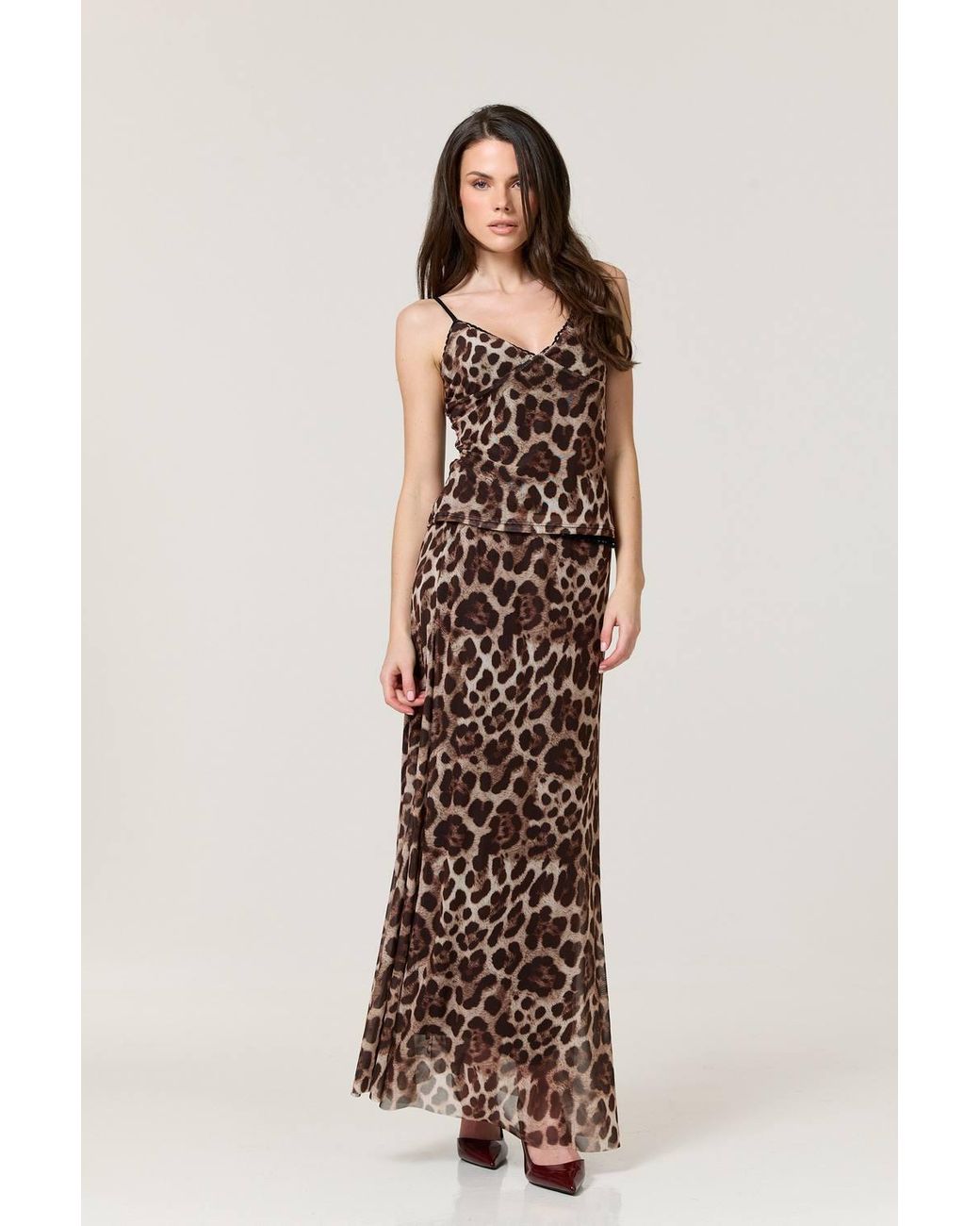 Liquorish Natural Leopard Print Mesh Cami & Maxi Skirt Set