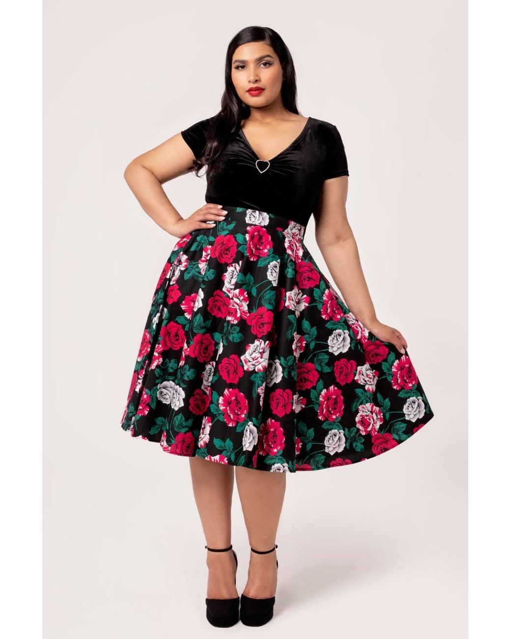 Hell Bunny Red Paint Me Roses Midi Skirt