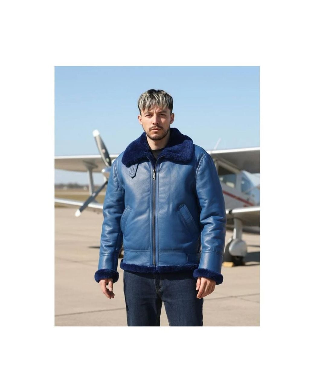 TruClothing Blue Shearling Leather Jacket Sheepskin B3 Aviator Warm Coat for men