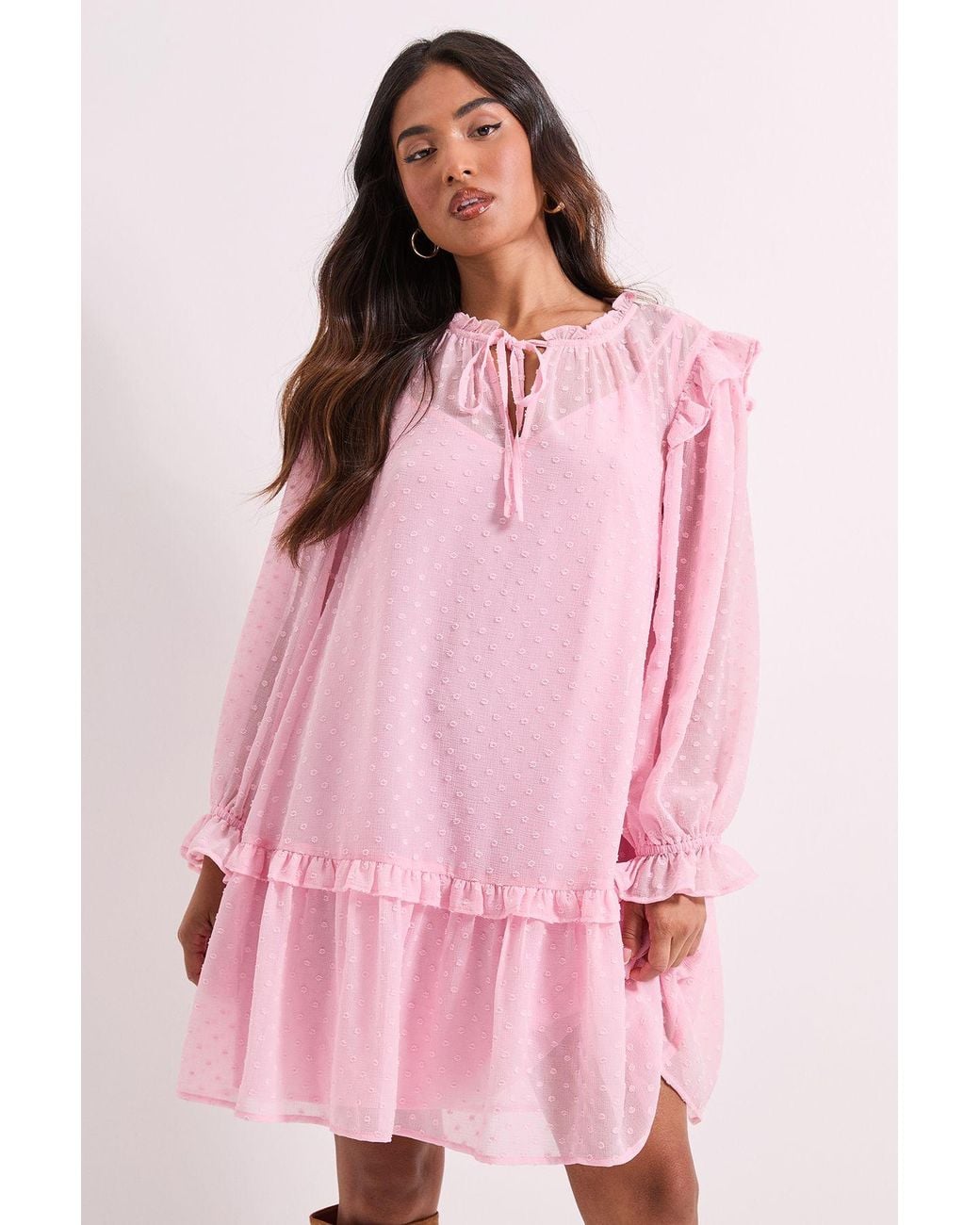 Dorothy Perkins Pink Petite Tiered Hem Tie Neck Shift Dress