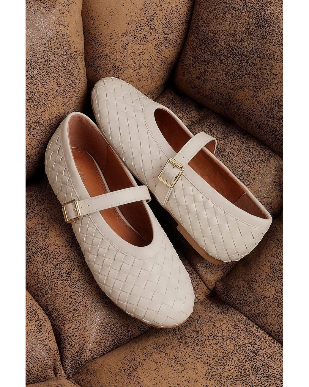 Linzi White Daily Nude Faux Leather Woven Mary Jane Pump